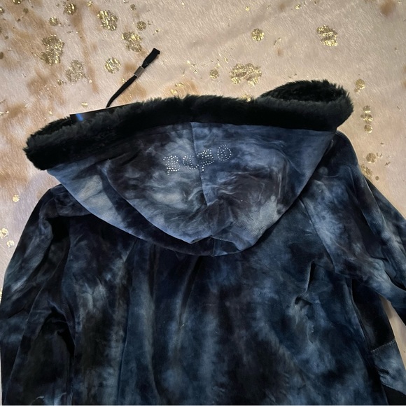 NWT BCBG S Y2K Velour Zip Up Rhinestone Graphic Fuzzy Hood Details Black/Blue - Picture 6 of 10